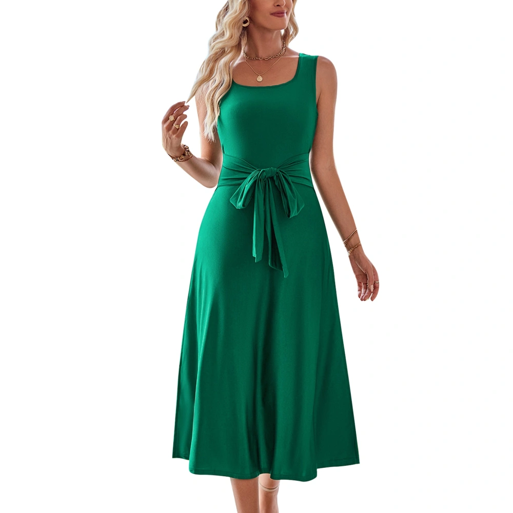 Sleeveless Midi Dress Square Neck Side Split Elegant Comfortable Cocktail Dress for Wedding Party Dark Green S