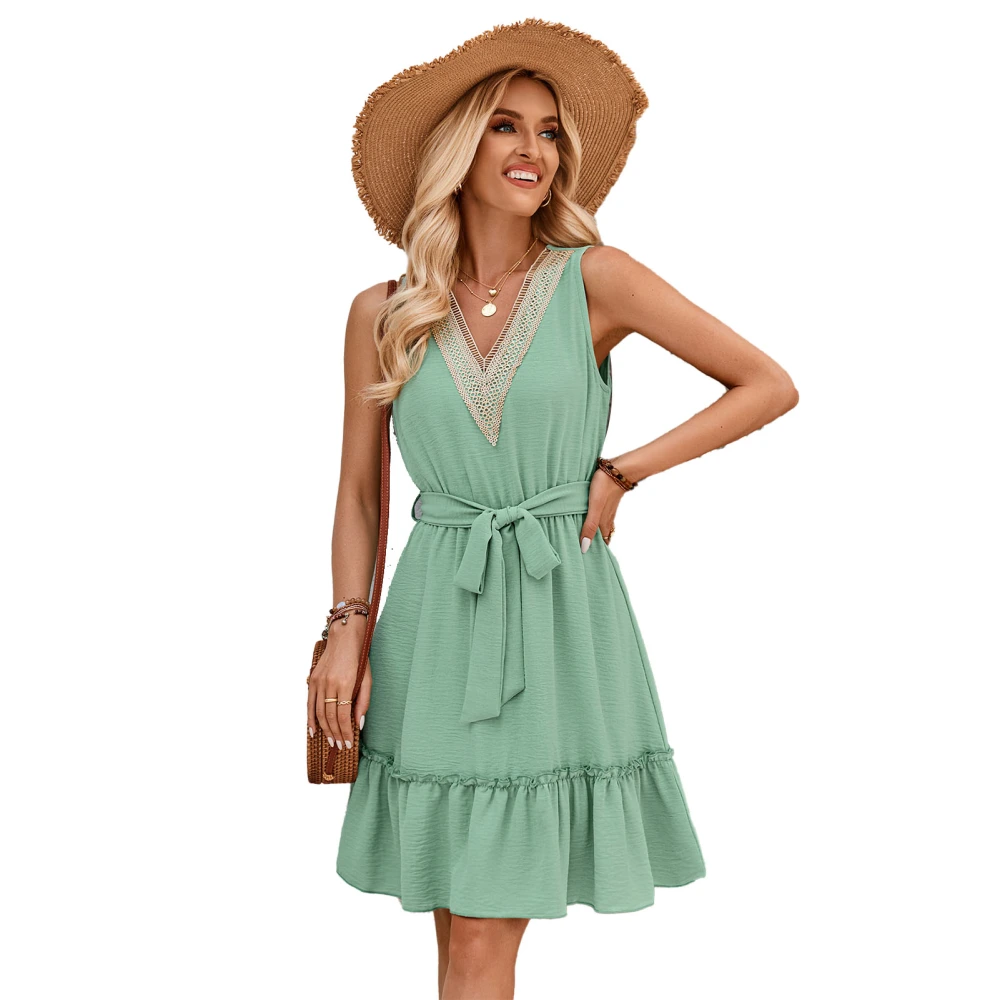 Summer Women Dress V Neck Sleeveless Mid Length A Line Waist Cinch Dress Pleated Mini Dress for Dating Holiday Green S