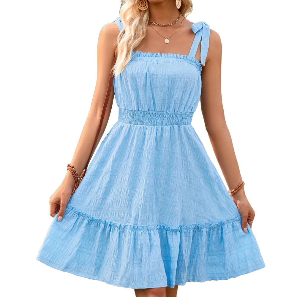 Ruffle Trim Short Dress Tie Shoulder Gathered Waist Shirred Solid Frill Trim Sleeveless Short Dress for Women Light Blue XL