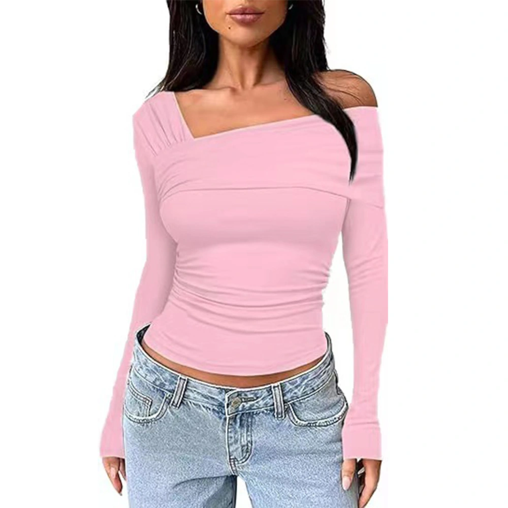 One Off Shoulder Long Sleeve Top Women Ruched Going Out Slim Fit Clothes Polyester Pink L