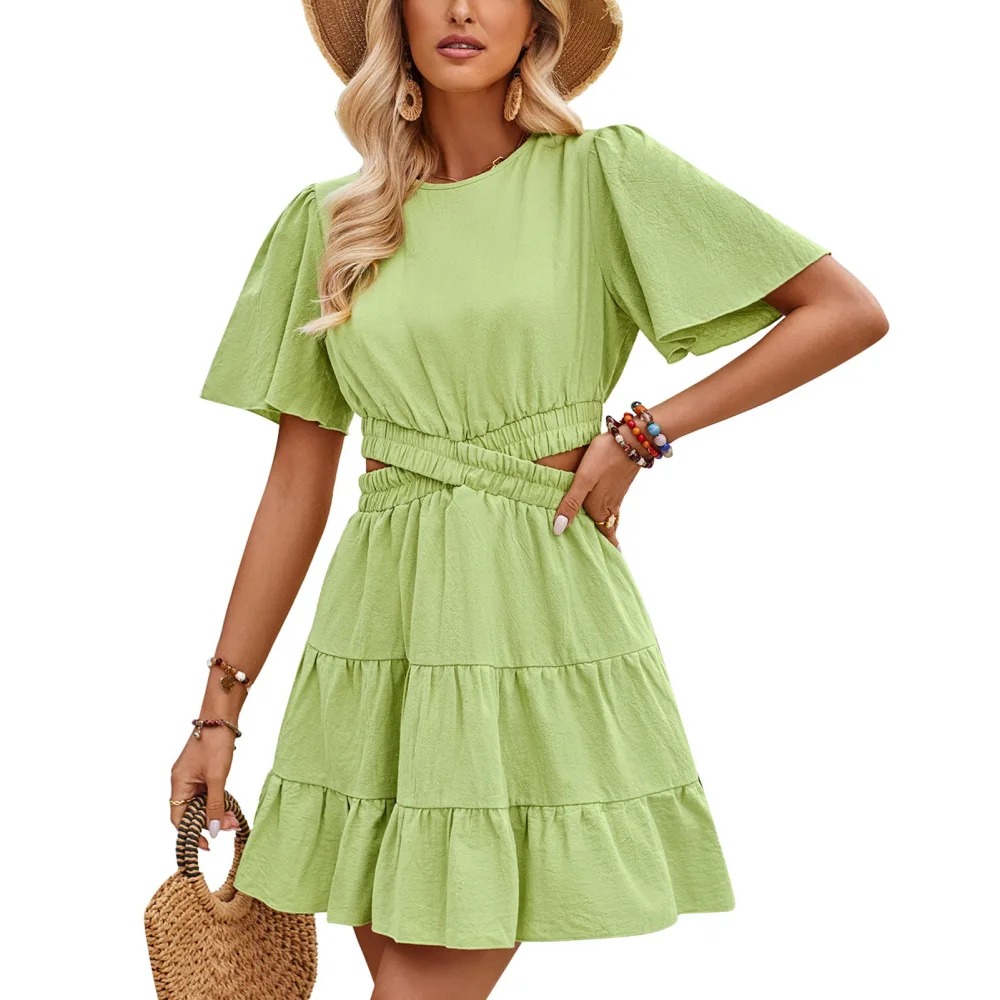 Women Cut Out Summer Dress Short Sleeve Cutout Crossover Waist Round Neck Solid Color Breathable Stylish Dress Green M