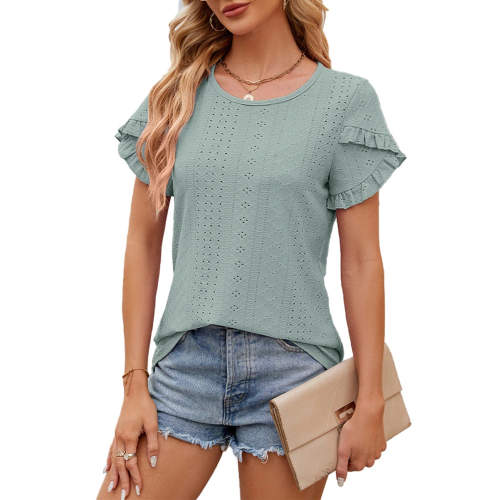 Women Round Neck Top Short Petal Sleeve Loose Fitting Summer Casual T Shirt for Daily Wear Dark Green M