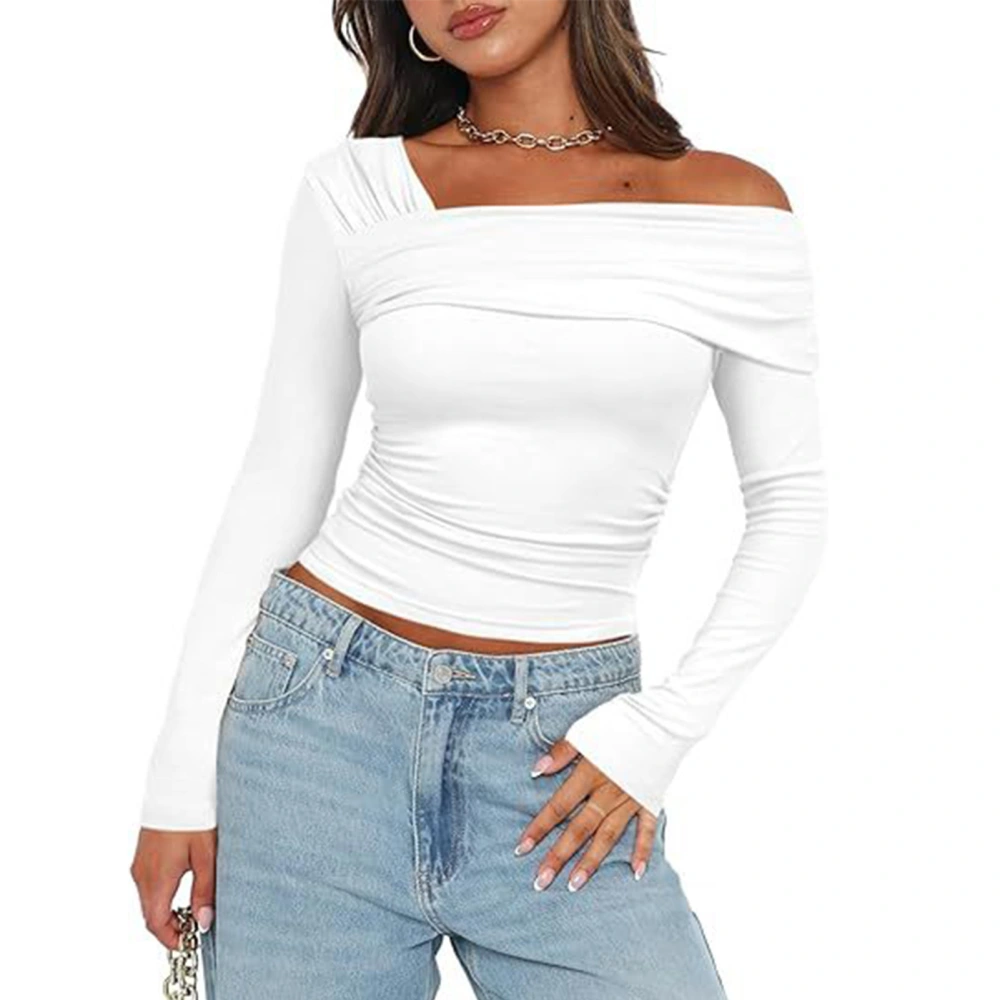 One Off Shoulder Long Sleeve Top Women Ruched Going Out Slim Fit Clothes Polyester White M