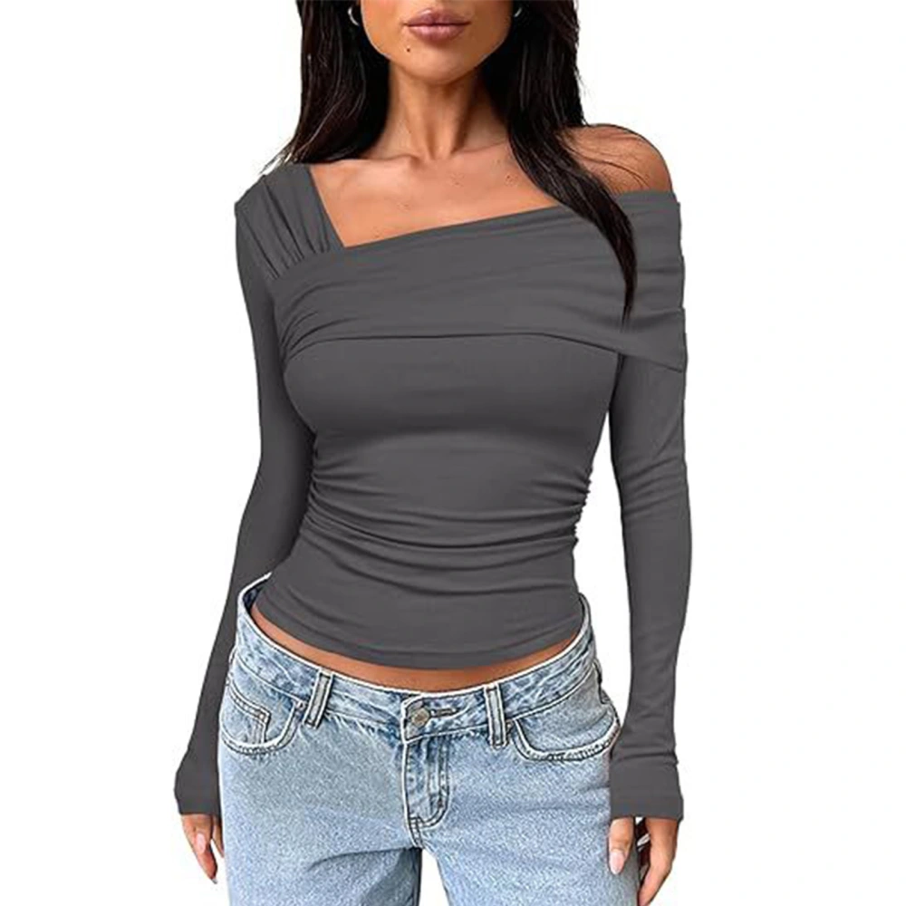 One Off Shoulder Long Sleeve Top Women Ruched Going Out Slim Fit Clothes Polyester Dark Gray M