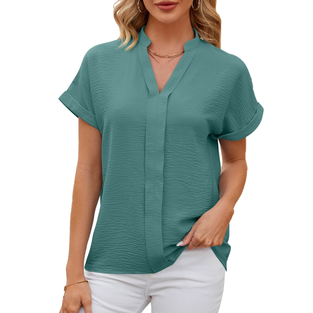 Elegant Office V Neck Blouse Casual Fitted Plain Color Short Sleeve Basic Blouse for Spring Summer Dark Green M