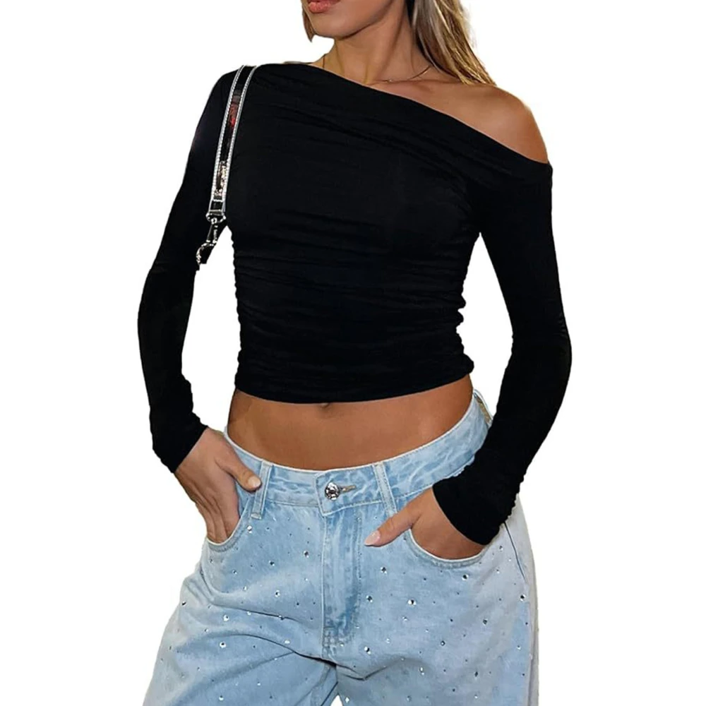 Women One Shoulder Long Sleeve Cropped Top Ruched Pure Color Asymmetric Slim Fit T Shirt Black M