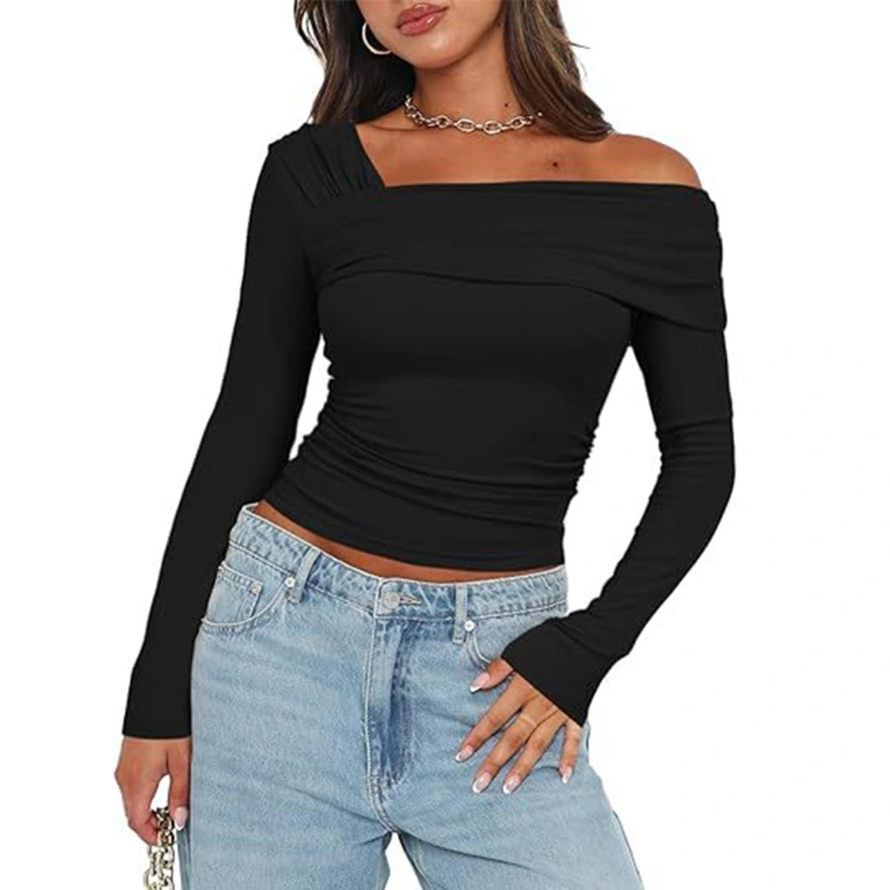 One Off Shoulder Long Sleeve Top Women Ruched Going Out Slim Fit Clothes Polyester Black XL