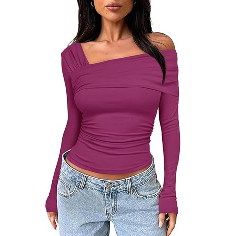 One Off Shoulder Long Sleeve Top Women Ruched Going Out Slim Fit Clothes Polyester Purplish Red L