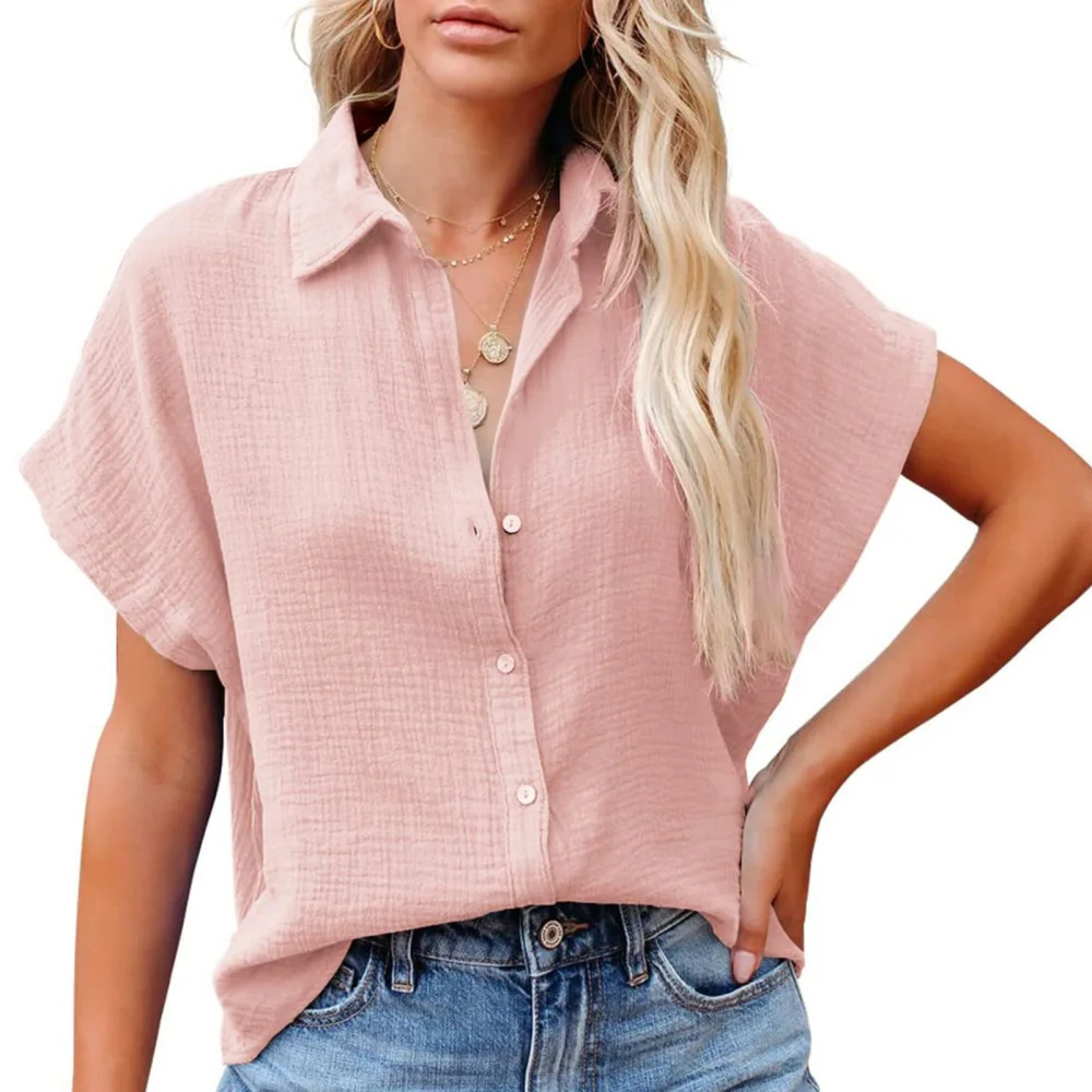 Women Short Batwing Sleeve Shirt Turn Down Collar Button Up Pure Color Loose Fitting Casual Blouses for Daily Wear Pink XL