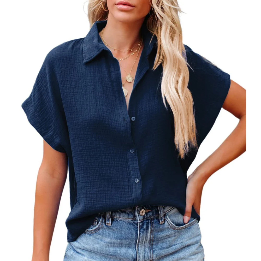 Women Short Batwing Sleeve Shirt Turn Down Collar Button Up Pure Color Loose Fitting Casual Blouses for Daily Wear Dark Blue XL