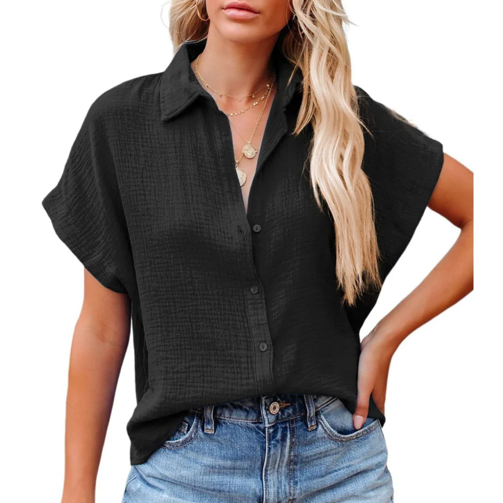 Women Short Batwing Sleeve Shirt Turn Down Collar Button Up Pure Color Loose Fitting Casual Blouses for Daily Wear Black L