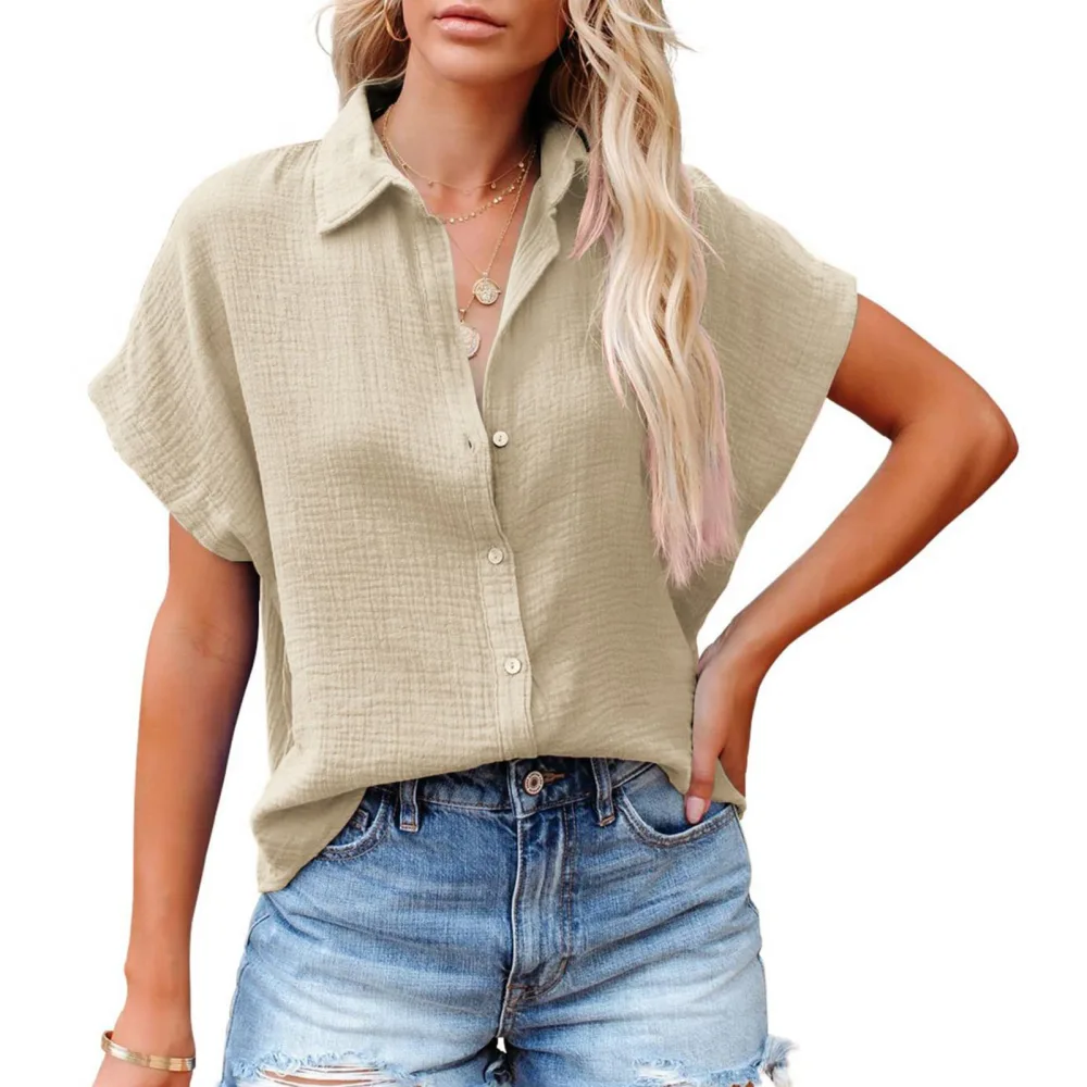 Women Short Batwing Sleeve Shirt Turn Down Collar Button Up Pure Color Loose Fitting Casual Blouses for Daily Wear Apricot M