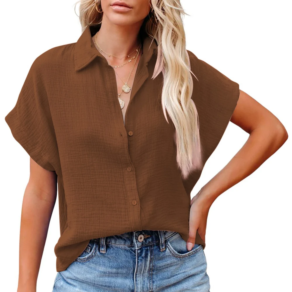 Women Short Batwing Sleeve Shirt Turn Down Collar Button Up Pure Color Loose Fitting Casual Blouses for Daily Wear Brown XXL