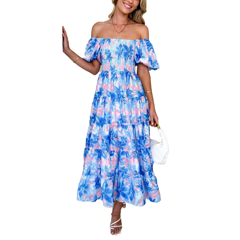 Women Off Shoulder Maxi Dress Puff Short Sleeve Elegant Flowy Ruffle Hem Floral Print Midi Long Dress Sky Blue Floral XL