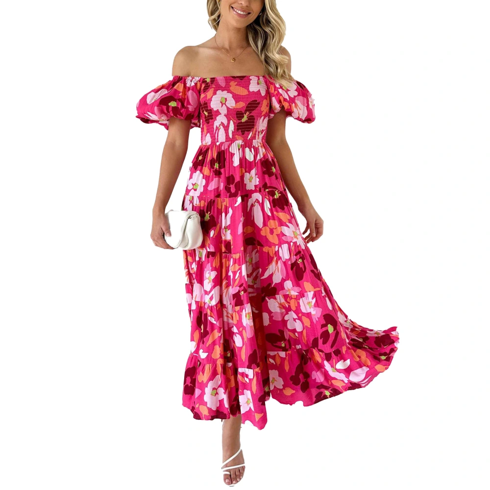 Women Off Shoulder Maxi Dress Puff Short Sleeve Elegant Flowy Ruffle Hem Floral Print Midi Long Dress Rose Red with Pink Floral S