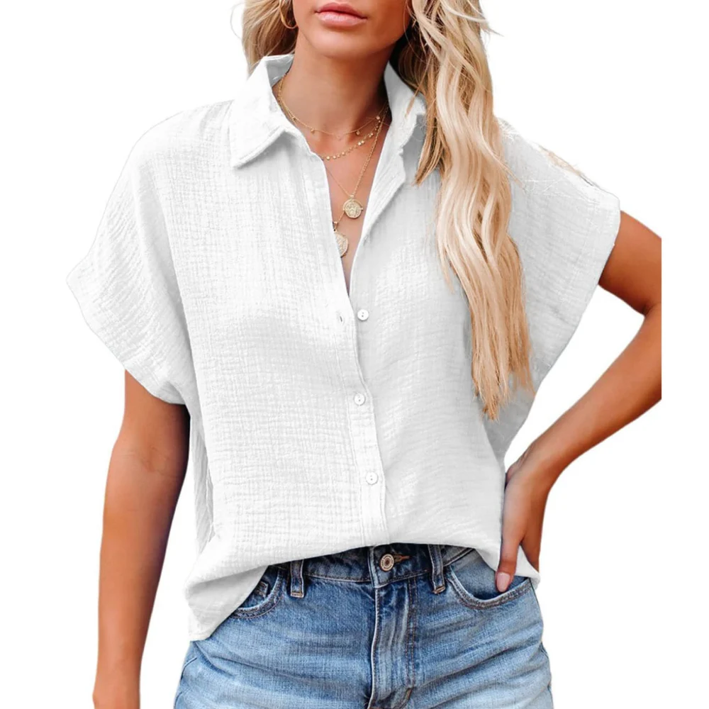 Women Short Batwing Sleeve Shirt Turn Down Collar Button Up Pure Color Loose Fitting Casual Blouses for Daily Wear White L