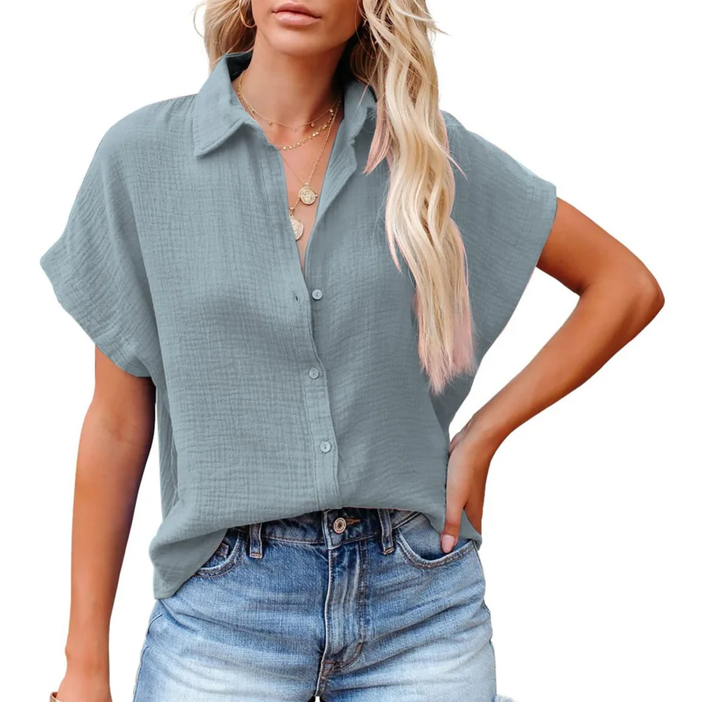 Women Short Batwing Sleeve Shirt Turn Down Collar Button Up Pure Color Loose Fitting Casual Blouses for Daily Wear Gray L