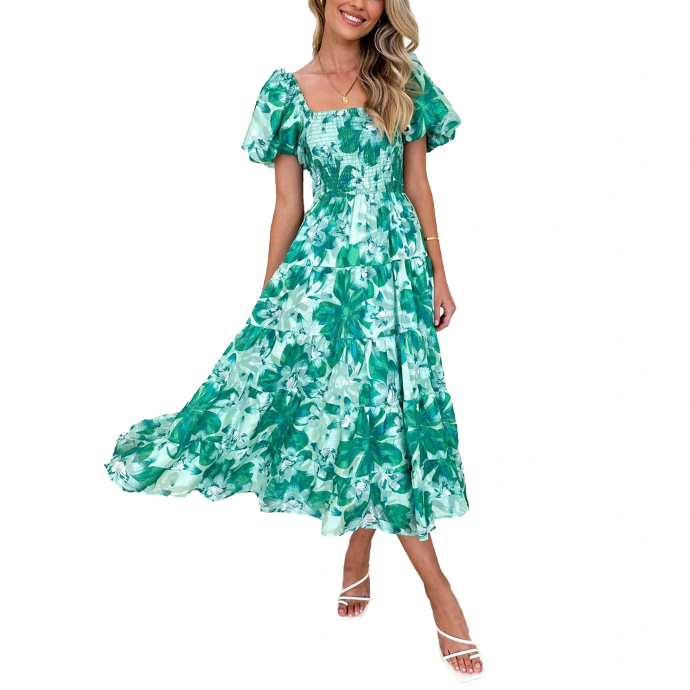 Women Off Shoulder Maxi Dress Puff Short Sleeve Elegant Flowy Ruffle Hem Floral Print Midi Long Dress Green Floral XL