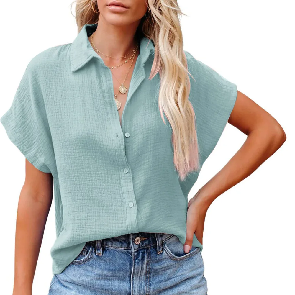 Women Short Batwing Sleeve Shirt Turn Down Collar Button Up Pure Color Loose Fitting Casual Blouses for Daily Wear Mint Green M