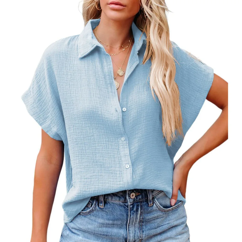 Women Short Batwing Sleeve Shirt Turn Down Collar Button Up Pure Color Loose Fitting Casual Blouses for Daily Wear Light Blue S