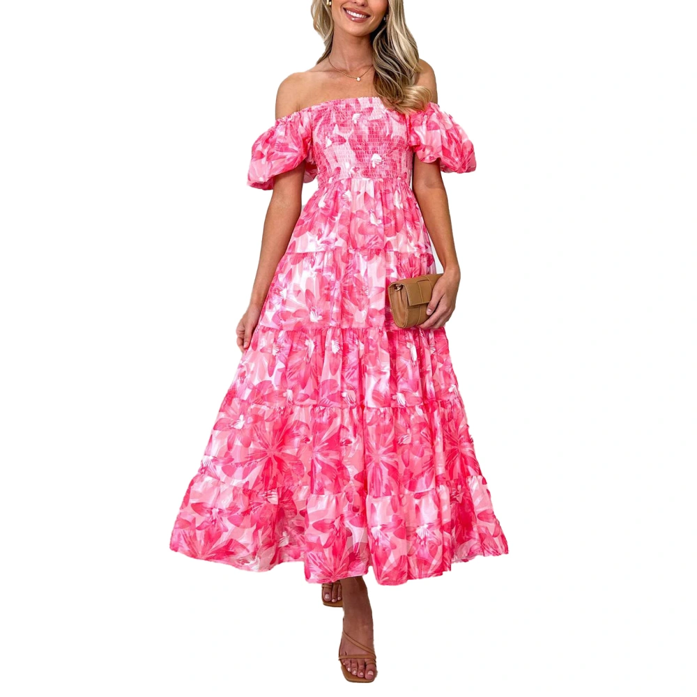 Women Off Shoulder Maxi Dress Puff Short Sleeve Elegant Flowy Ruffle Hem Floral Print Midi Long Dress Pink Floral M