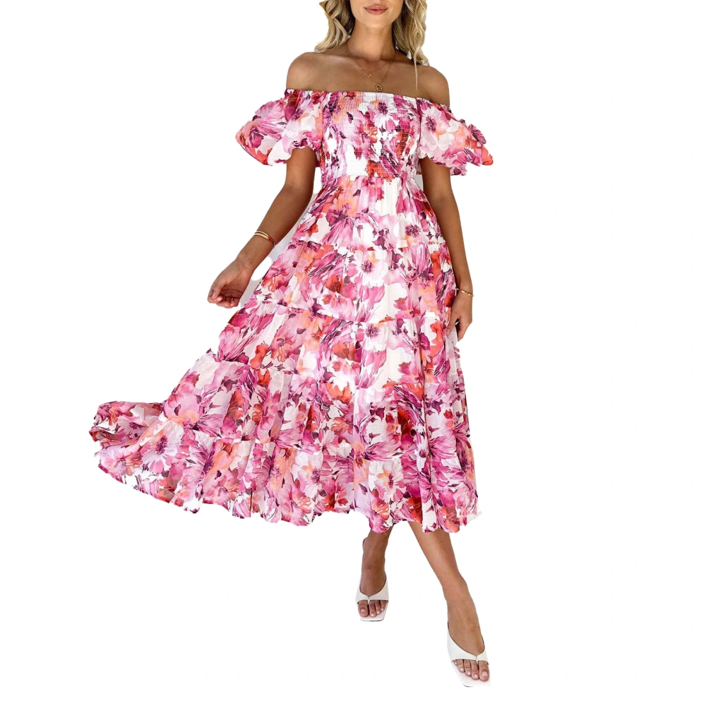 Women Off Shoulder Maxi Dress Puff Short Sleeve Elegant Flowy Ruffle Hem Floral Print Midi Long Dress Light Pink Floral M