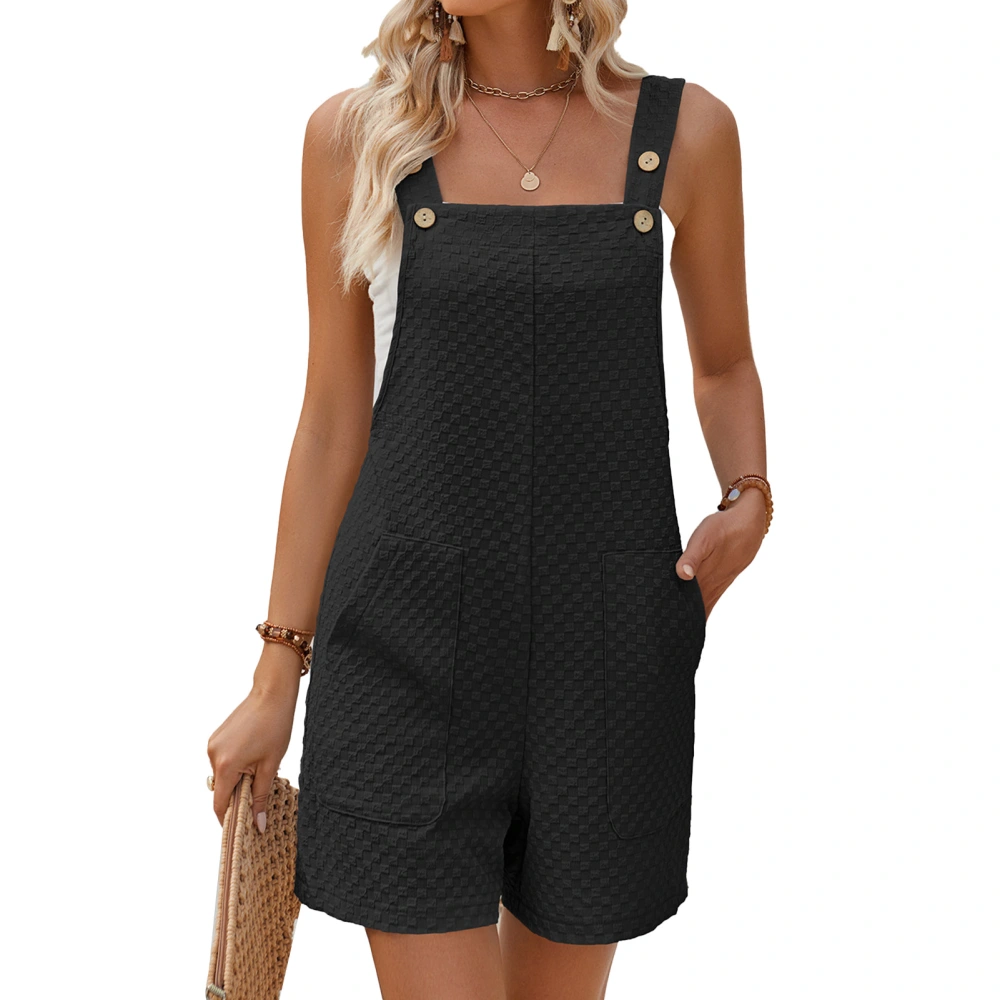 Women Short Overalls Sleeveless Side Pockets Casual Jacquard Jumpsuit Shorts for Summer Black S