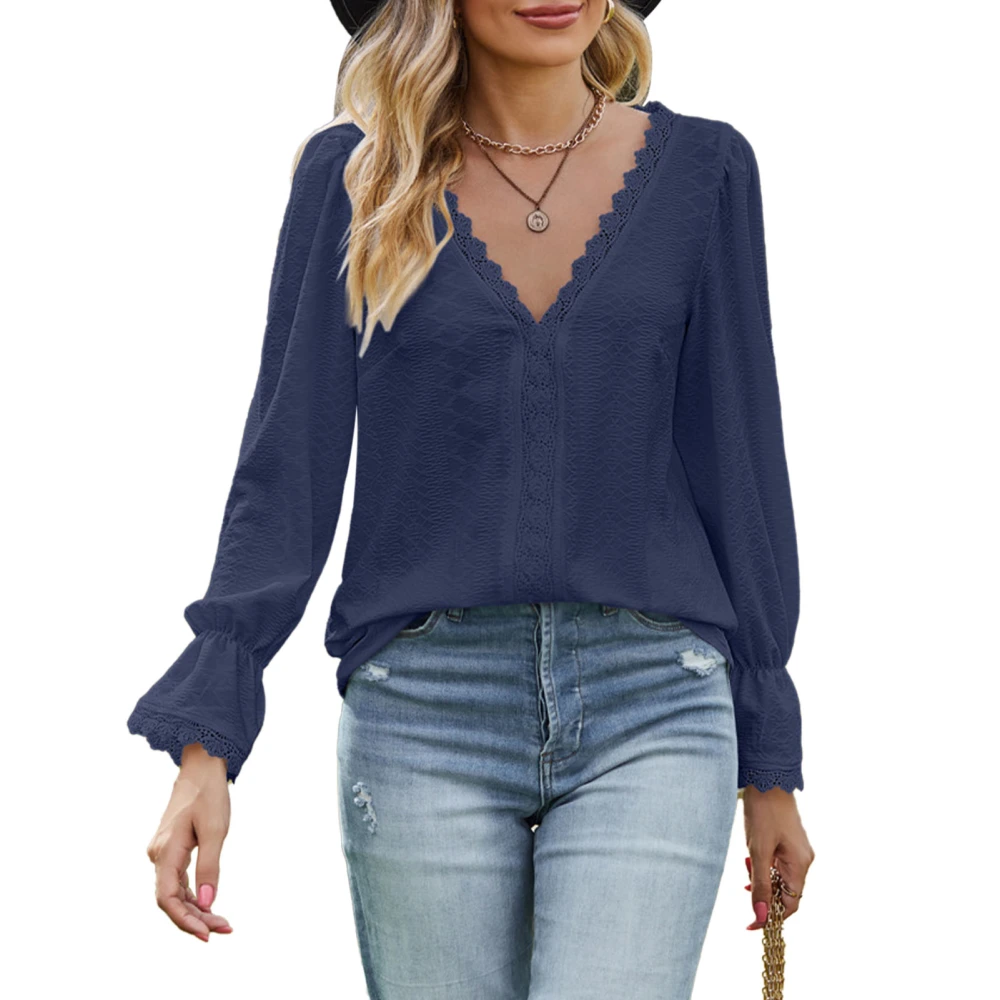 V Neck Lace Jacquard Blouse Romantic Long Sleeve Stitching Jacquard Lace Guipure Blouse for Women Dark Blue S