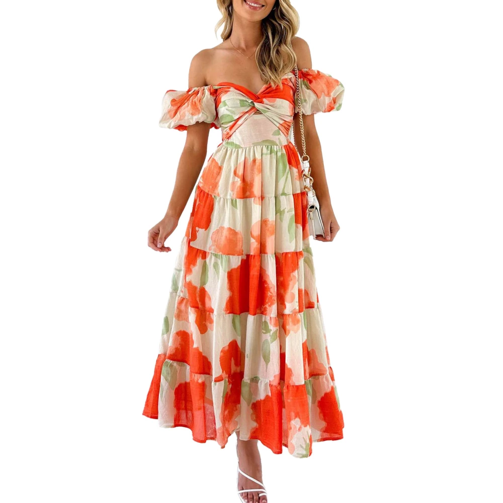 Women Printed Short Bubble Sleeve Dress Crossing V Neck Off Shoulder Long Dress for Daily Wear White with Orange Flower L