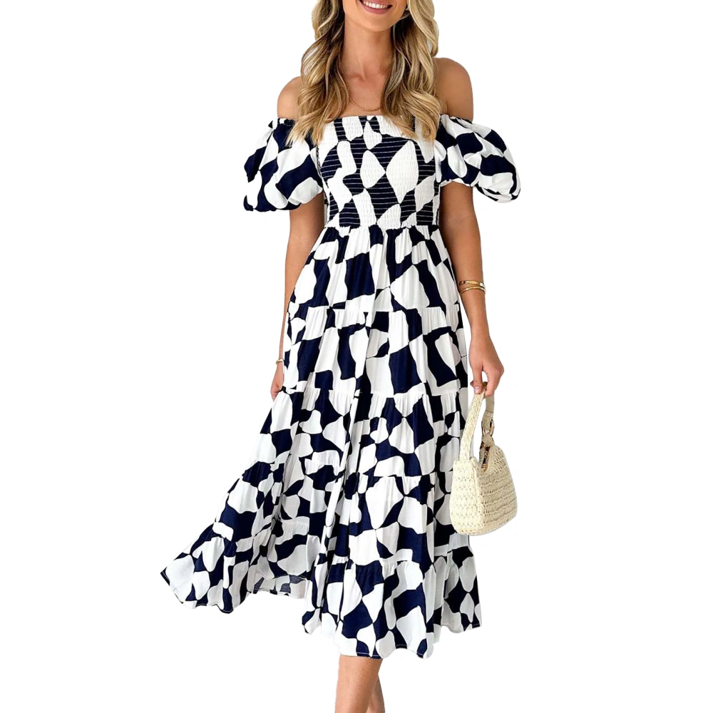 Off Shoulder Long Dress Puff Sleeve Ruffle Hem Off Shoulder Shirred Printed Dress for Women Black White Graphic XL