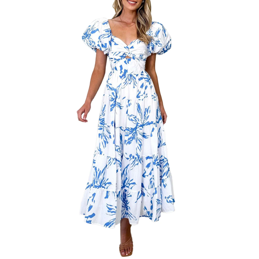 Women Printed Short Bubble Sleeve Dress Crossing V Neck Off Shoulder Long Dress for Daily Wear Blue White Print L