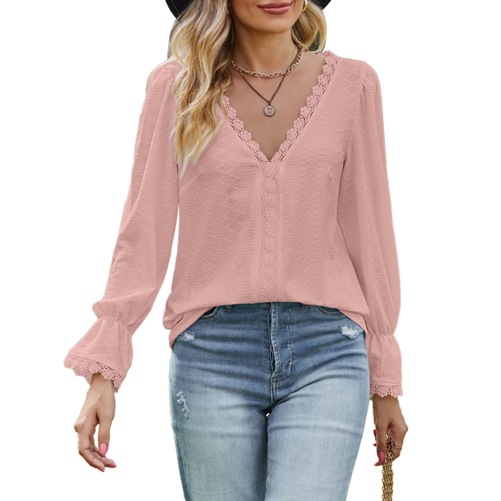 V Neck Lace Jacquard Blouse Romantic Long Sleeve Stitching Jacquard Lace Guipure Blouse for Women Pink L