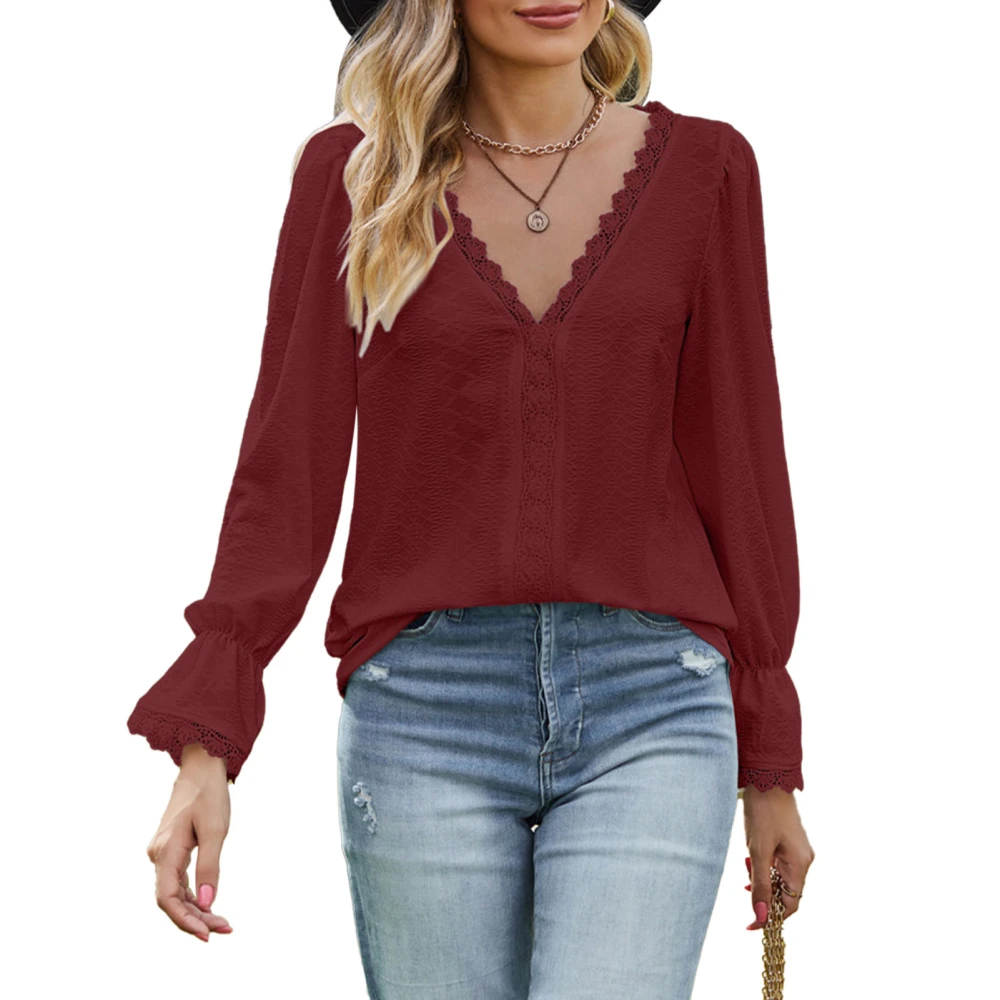 V Neck Lace Jacquard Blouse Romantic Long Sleeve Stitching Jacquard Lace Guipure Blouse for Women Burgundy L