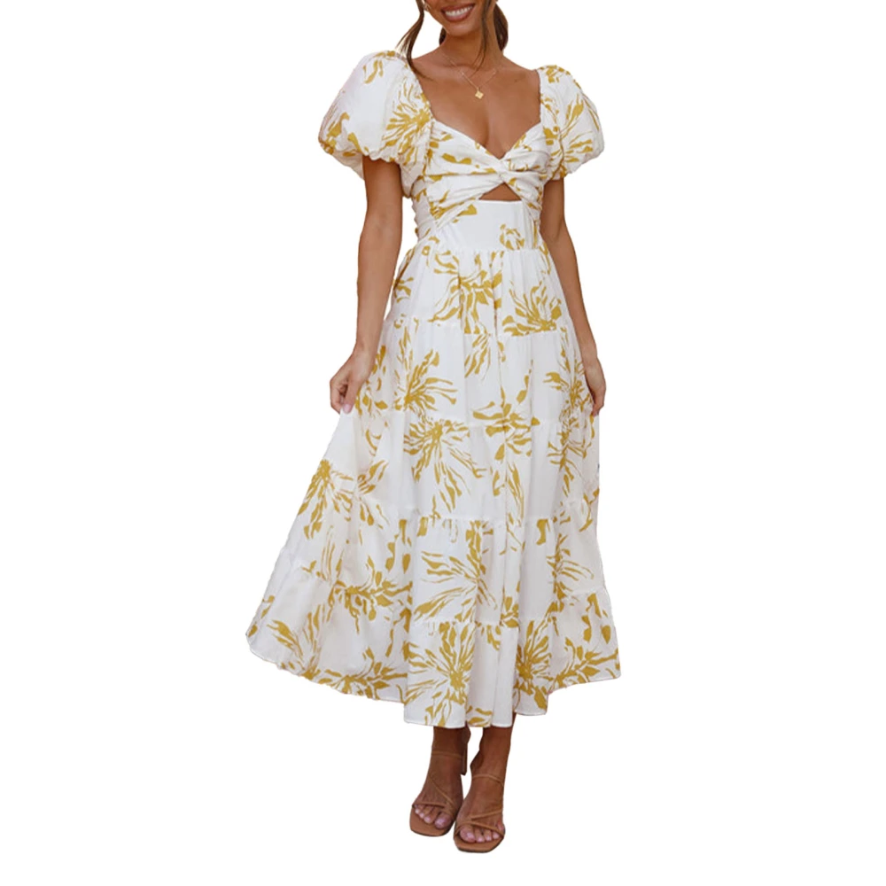 Women Printed Short Bubble Sleeve Dress Crossing V Neck Off Shoulder Long Dress for Daily Wear Yellow White Print M