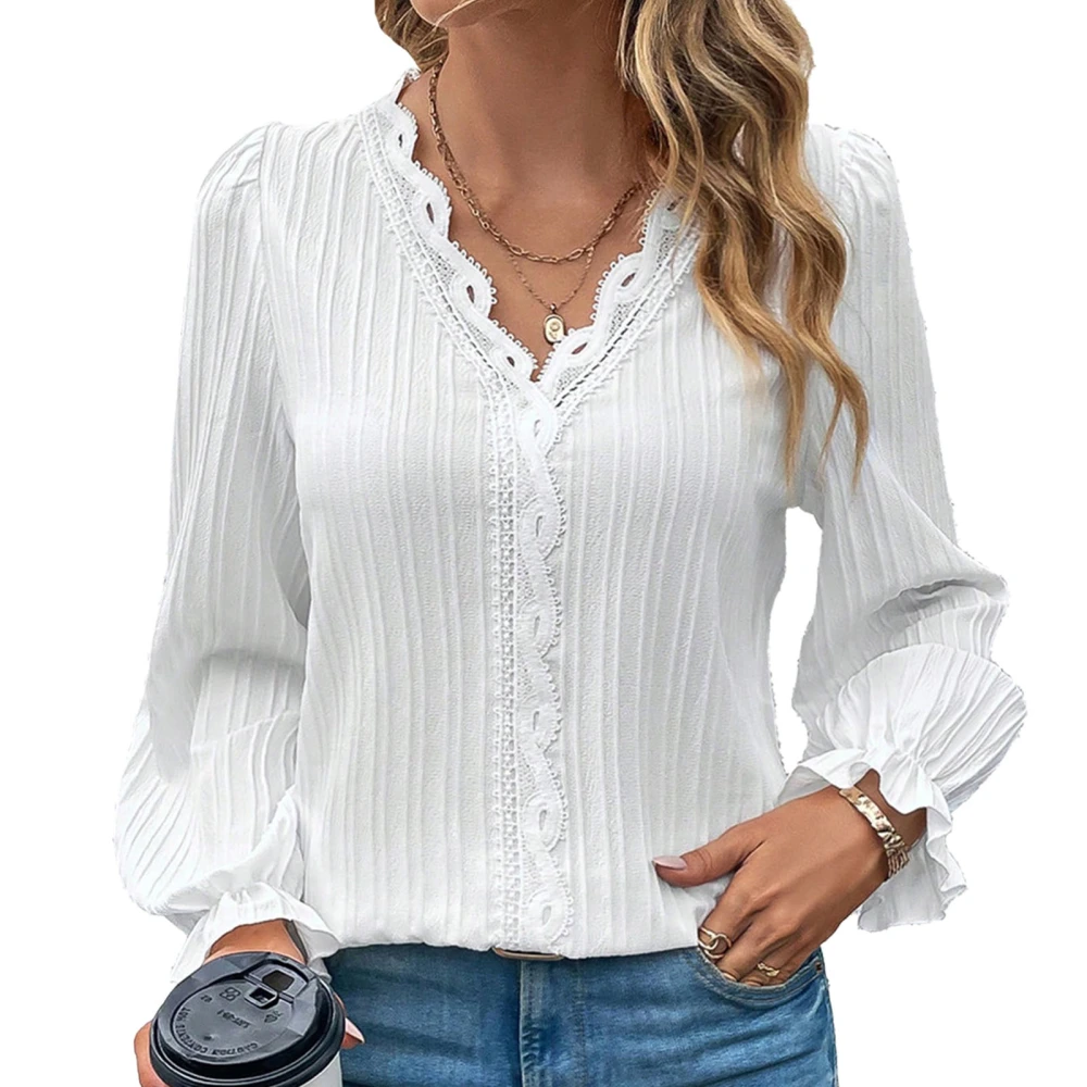 Women Long Sleeve Top V Neck Lace Trim Elegant Lantern Sleeve Casual Blouse for Women White XL