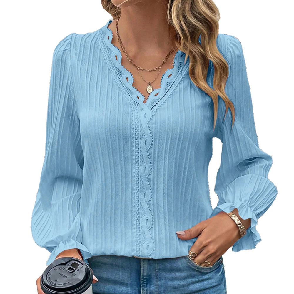 Women Long Sleeve Top V Neck Lace Trim Elegant Lantern Sleeve Casual Blouse for Women Blue M