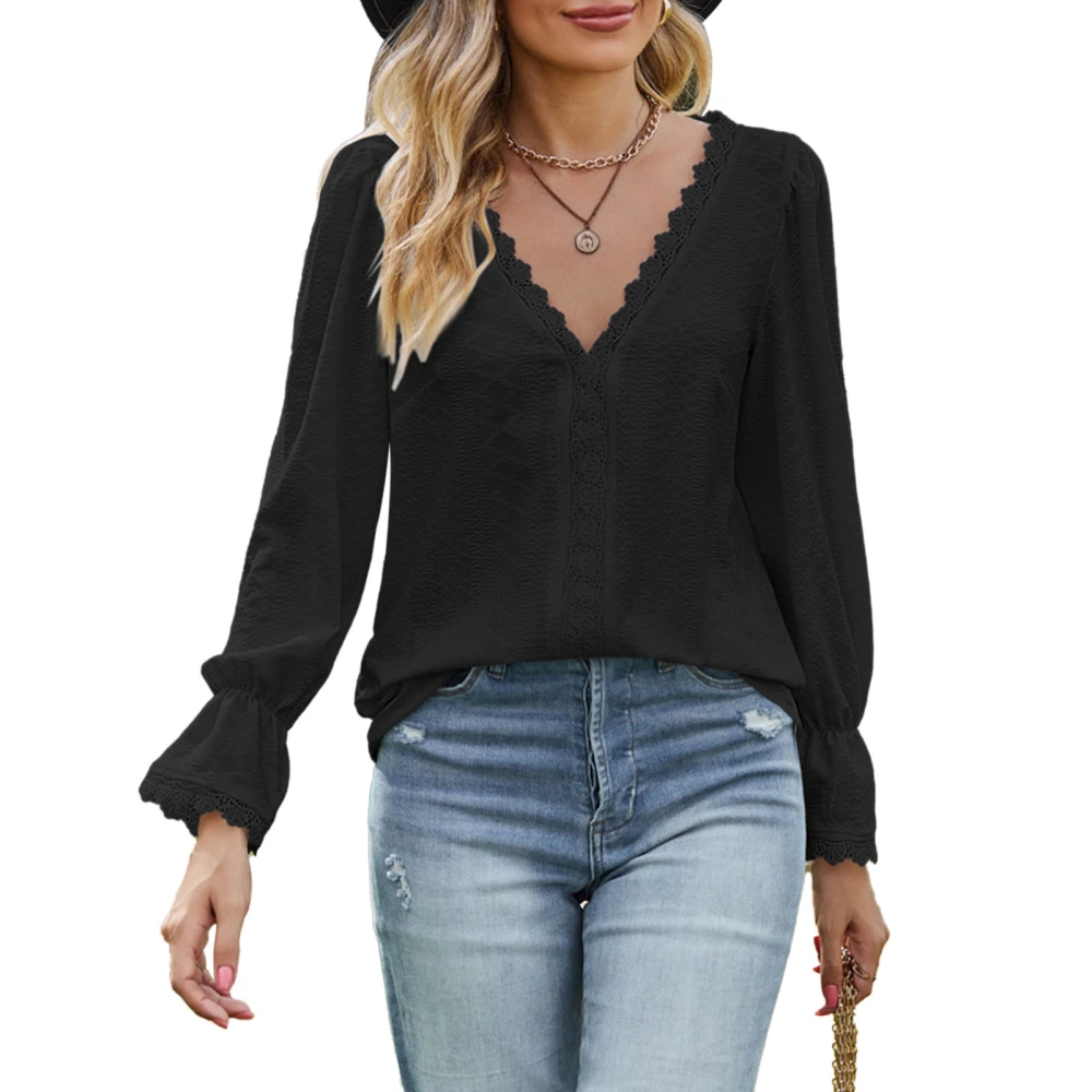 V Neck Lace Jacquard Blouse Romantic Long Sleeve Stitching Jacquard Lace Guipure Blouse for Women Black M