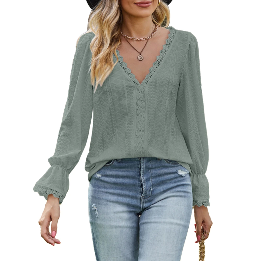 V Neck Lace Jacquard Blouse Romantic Long Sleeve Stitching Jacquard Lace Guipure Blouse for Women Dark Green L