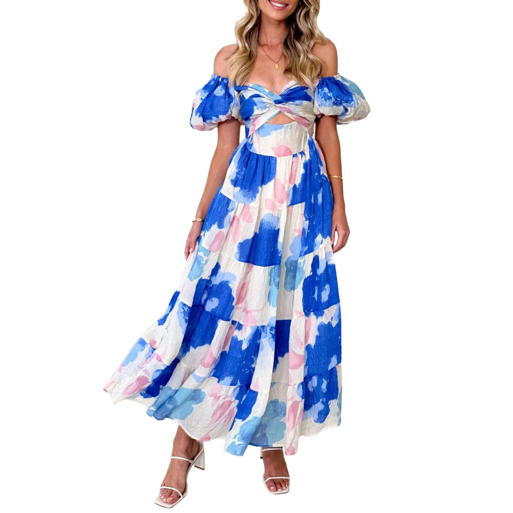 Women Printed Short Bubble Sleeve Dress Crossing V Neck Off Shoulder Long Dress for Daily Wear White with Dark Blue Flower XL