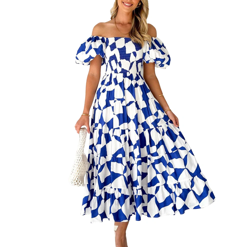 Off Shoulder Long Dress Puff Sleeve Ruffle Hem Off Shoulder Shirred Printed Dress for Women Blue White Graphic L