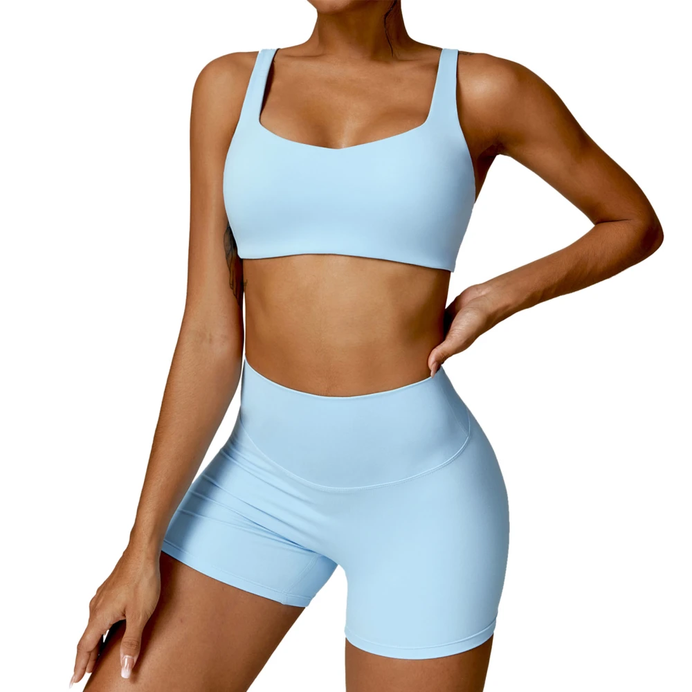 Women Sports Bra Shorts Set High Waist Quickly Drying Elastic Workout Bra Shorts for Running Fitness Sky Blue S