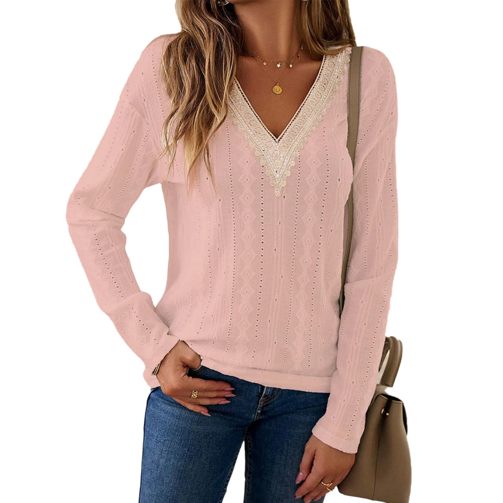 Women Long Sleeve Shirt V Neck Lace Patchwork Skin Friendly Breathable Comfortable Long Sleeve Shirt Top for Home Light Pink L