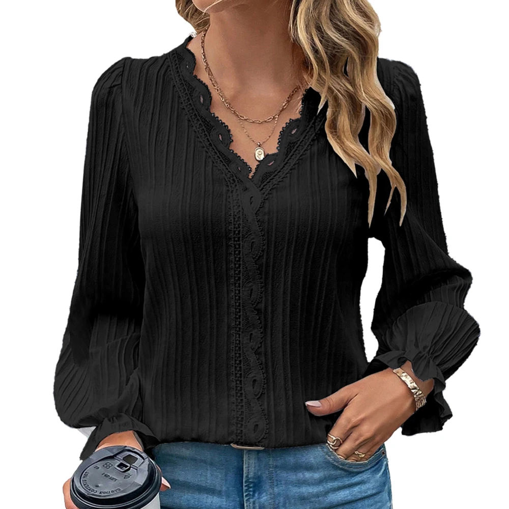 Women Long Sleeve Top V Neck Lace Trim Elegant Lantern Sleeve Casual Blouse for Women Black S