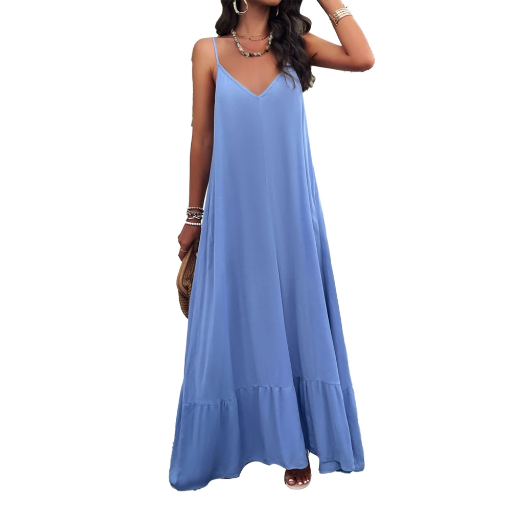 Women V Neck Long Camisole Dress Loose Fit Sleeveless Casual Full Slip Camisole Summer Dress Sky Blue L