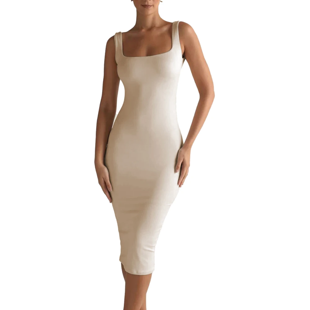 Low Back Bodycon Tank Dress Long Sleeveless Plain Color Slim Backless Bodycon Dress for Women Apricot L