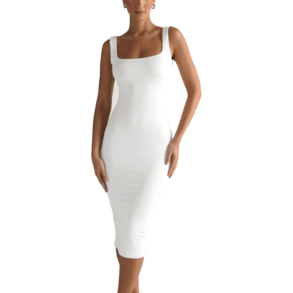 Low Back Bodycon Tank Dress Long Sleeveless Plain Color Slim Backless Bodycon Dress for Women White S