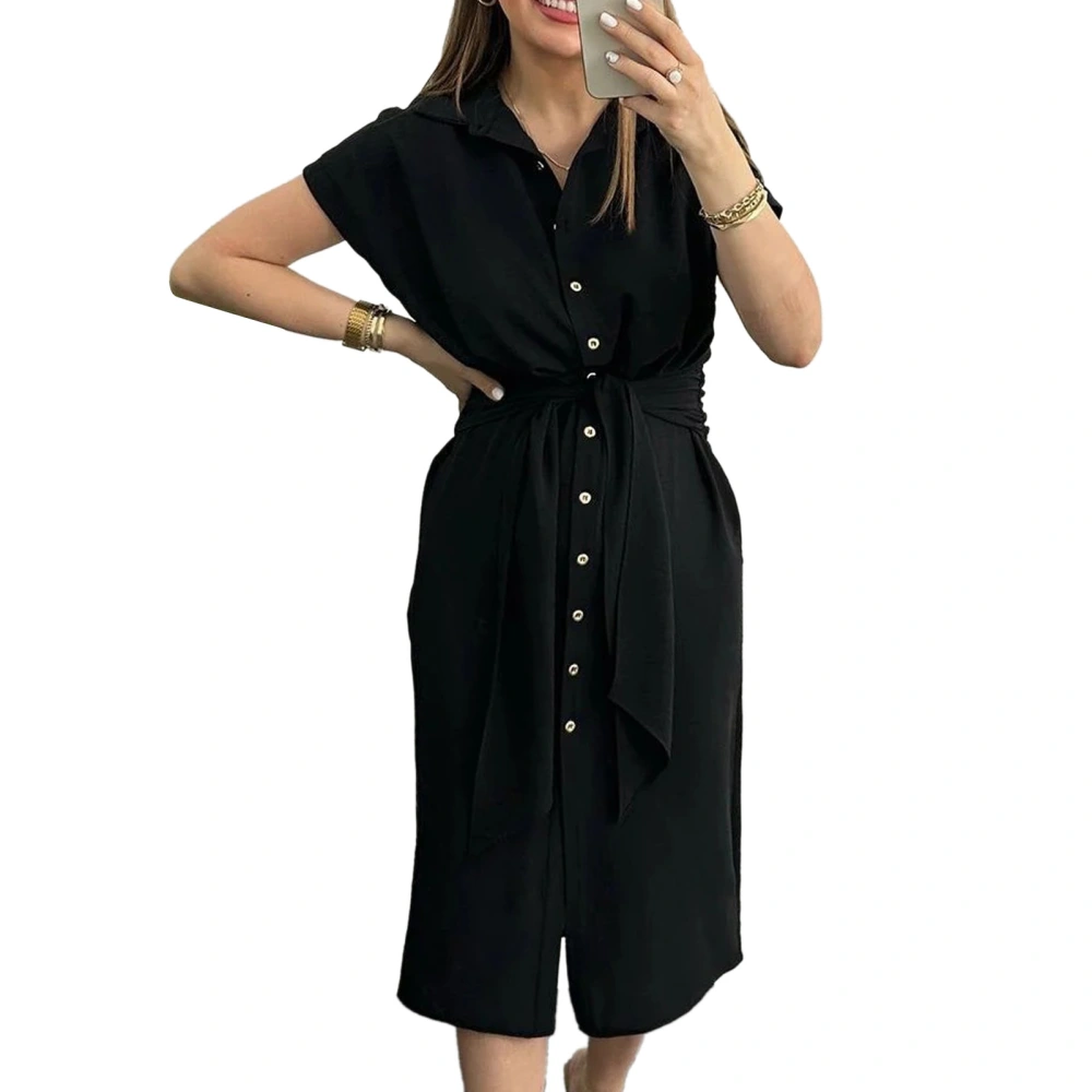 Women Shirt Dress Single Breasted Turn Down Collar Short Sleeves Belted Dress for Summer Black S