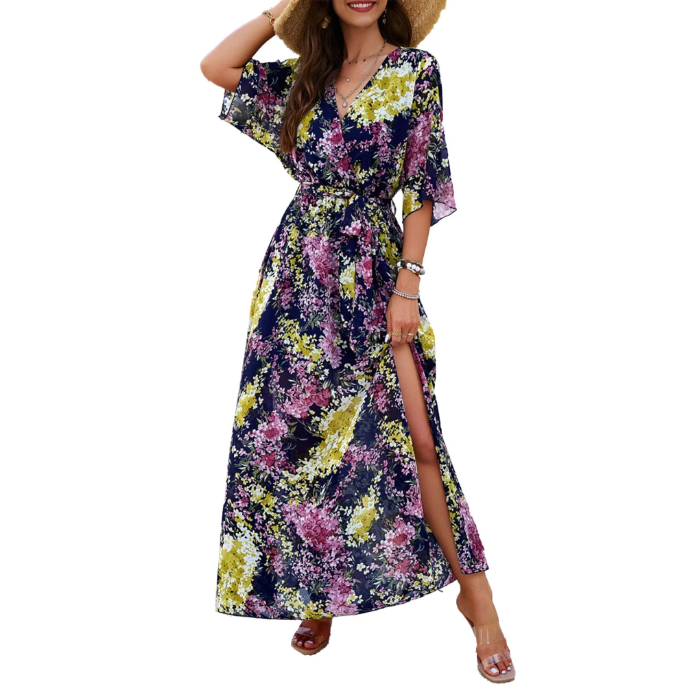 Floral Dress V Neck Split Hem Half Sleeve Breathable Casual Women Dress with Waist Tie for Spring Summer Blue XL