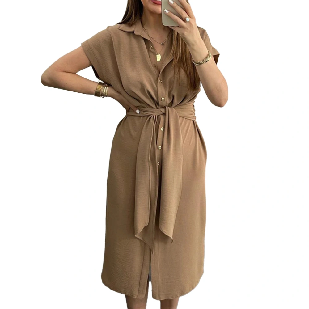 Women Shirt Dress Single Breasted Turn Down Collar Short Sleeves Belted Dress for Summer Brown L