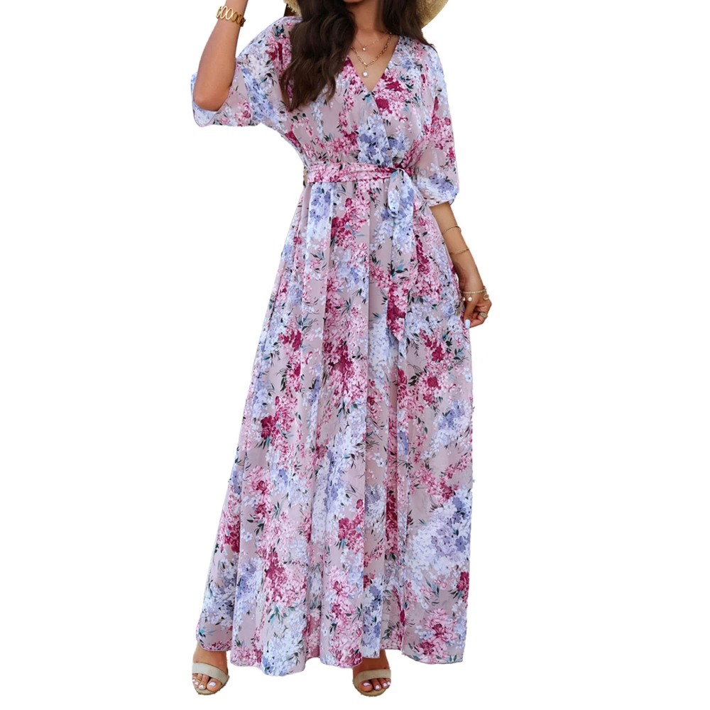 Floral Dress V Neck Split Hem Half Sleeve Breathable Casual Women Dress with Waist Tie for Spring Summer Pink XL